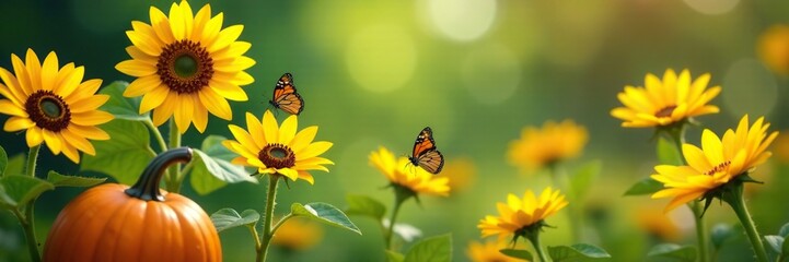 a few butterflies dance among the sunflowers and pumpkins, seasonal, green
