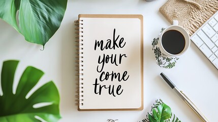Notebook with "Make Your Come True" message, coffee, plants, and keyboard on white desk.