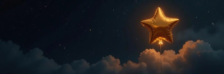 Black background with golden star balloon rising high, misty, black, evening
