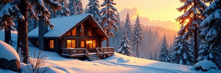 Cozy lodge nestled among towering pine trees, warm golden light spills out of windows, serene, winter, peaceful