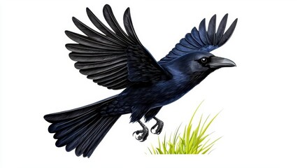 Obraz premium A photostock of a black crow mid-flight, captured against a bright white background, symbolizing mystery and elegance. High Quality