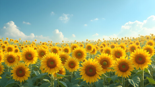 Vibrant sunflower fields under blue sky. Ultra-realistic nature photography. Bright yellow flowers in full bloom. Stunning landscapes for photography enthusiasts.