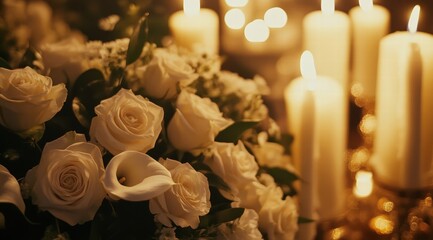 Obraz premium A close-up shot of the head table, showcasing an elegant display of white roses and calla lilies 
