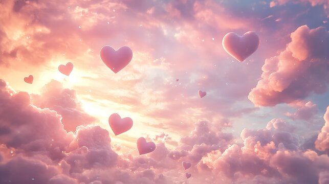 Pink hearts in pink clouds fly in the sky