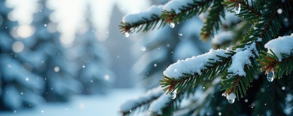 snowflakes gently falling on fir tree branches, white snow, winter trees, evergreen