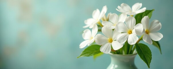 Fototapeta premium Soft focus white periwinkle flowers in a delicate vase with green leaves, floral arrangements, periwinkle