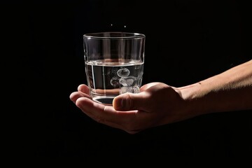 close up of a persons hands holding a pill and a glass of water