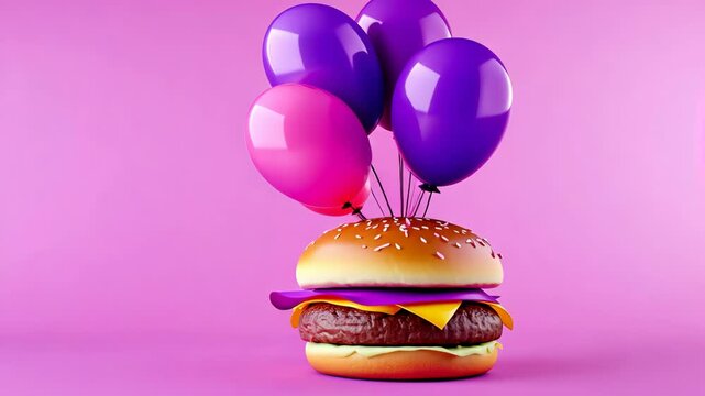 Hamburger with a bunch of balloons on top of it. The hamburger is pink and yellow, and the balloons are purple. The image has a fun and playful mood