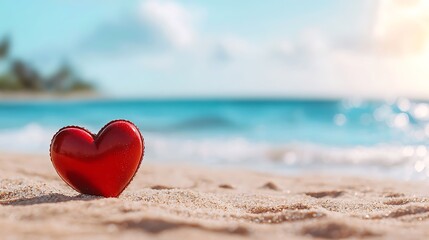 A red heart shaped object lying alone on the sandy beach with gentle ocean waves approaching in the background creating a serene and romantic mood  The image conveys a sense of solitude tranquility