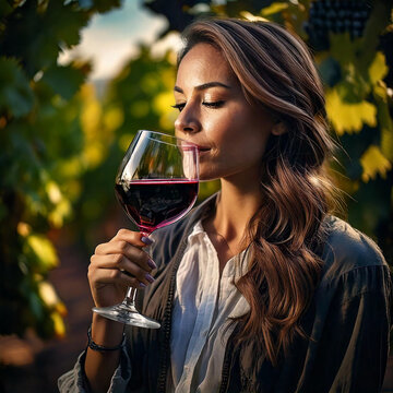 Primer plano de un en&oacute;logo degustando y disfrutando una copa de vino tinto. Enolog&iacute;a, vi&ntilde;edo, bodega, AF
