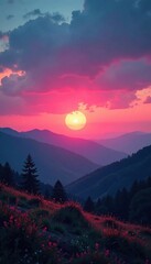 Fototapeta premium A soft pink glow illuminates the horizon as sunset falls over a serene landscape, glow, colors