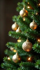 Decorated Christmas tree branch with golden ball ornaments, golden balls, ornament, snowflake