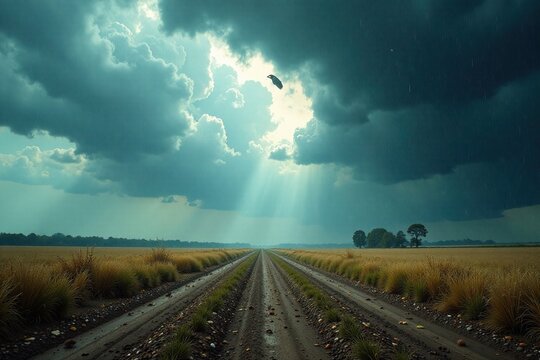 A sudden downburst of rain hits a dry field with strong gusts of wind and debris scattered everywhere, nature, rain, landscape