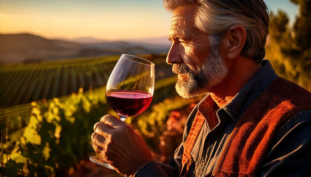 Primer plano de un en&oacute;logo degustando y disfrutando una copa de vino tinto. Enolog&iacute;a, vi&ntilde;edo, bodega, AF