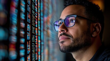 Man analyzing financial data on a digital screen while wearing glasses in a modern office setting