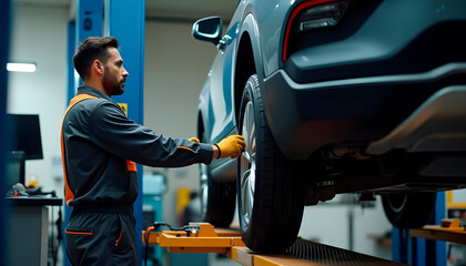 Mecánico ajustando la rueda de un SUV en taller automotriz
