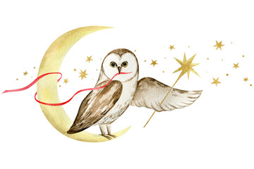 Watercolor magical owl sits on the moon with a staff in the shape of a star. Illustration isolated on white background, cartoon character preparing for Christmas and New Year.