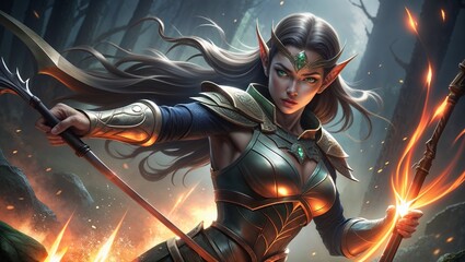 Powerful Warrior Elf with Horns and Glowing Eyes in an Enchanted Forest, Wearing Golden Armor and Surrounded by Fire Sparks, Depicting a Fierce and Mystical Fantasy Scene