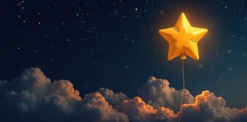 Black background with golden star balloon rising high, cloudy, evening