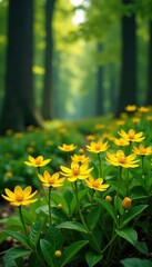 Obraz premium Bright yellow wildflowers blooming in forest undergrowth, blossoms, trees