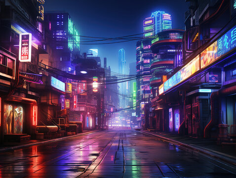 Fantastic Futuristic scyphi cyberpunk city with glowing neon lights at night digital illustration