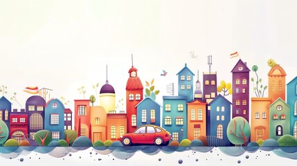 Obraz premium A colorful cartoon cityscape with a red car driving on a road with houses on both sides.