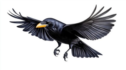 Fototapeta premium A photostock of a crow mid-flight with its wings outstretched, captured against a bright white background, symbolizing mystery. High Quality