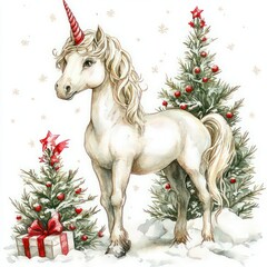 Cute Christmas unicorns watercolor set Winter illustration