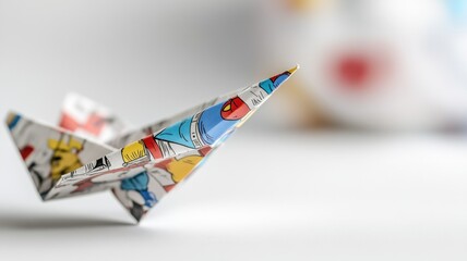 Fototapeta premium Colorful origami paper airplane folded, featuring comic patterns
