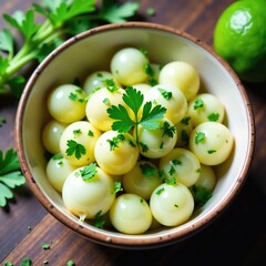 Raw cebollas blancas frescas in a bowl with parsley, espinaca, br?coli, limonada