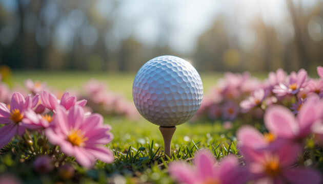 golf ball rests on a tee, surrounded by a vibrant field of pink flowers in spring