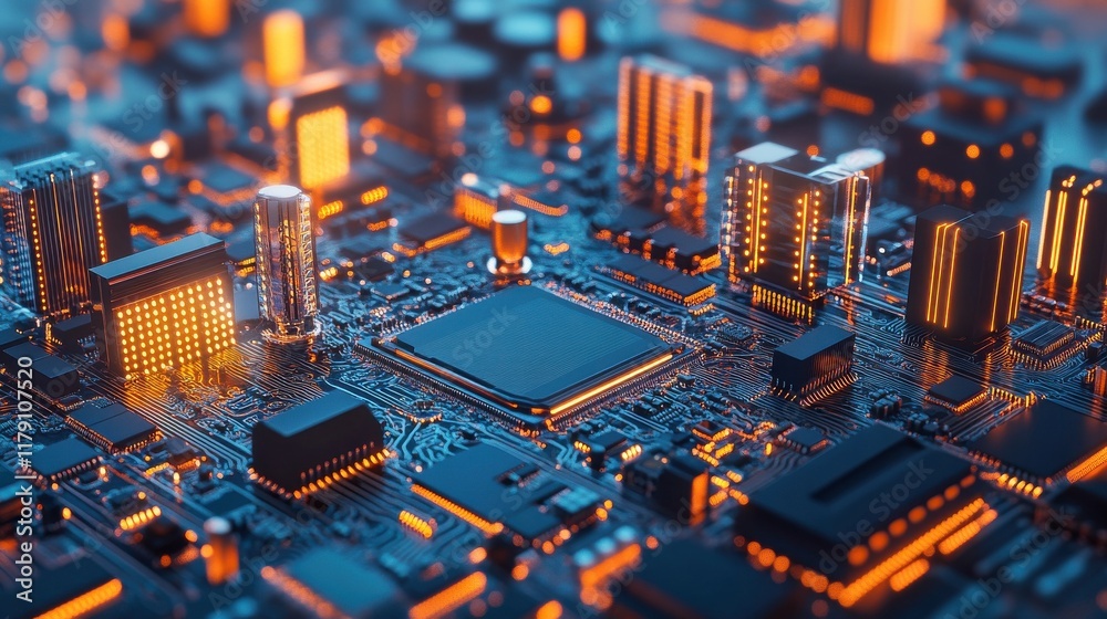 Poster abstract circuitry. technology of electronic computer hardware on a background of circuit board