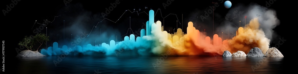Poster vibrant and dynamic depicting the frequency distribution of academic publications in a field of stud