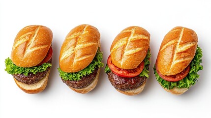 A photostock of a line of delicious gourmet burgers arranged neatly on a clean white background, symbolizing indulgence and taste. High Quality