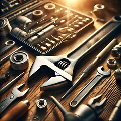 Fototapeta premium Adjustable wrench resting on workbench with various tools in warm light