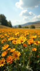 Fototapeta premium Desolate field of dried calendula flowers in the sun, garden bed, botanical