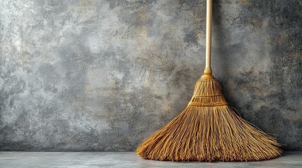 Broom standing against a textured gray wall in a clean indoor space showcasing a minimalist design aesthetic
