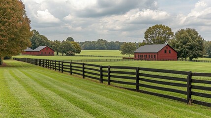 Idyllic rural scene with red barns and fence.