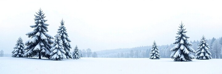Obraz premium Fir trees covered in fresh snow against a white winter background with bare trees silhouetted, landscape, forest