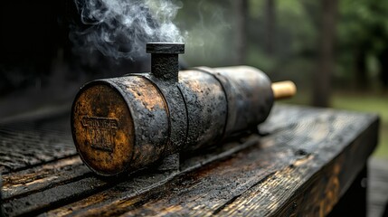 Close-up of a rustic, smoke-stained smoker on a wooden surface, emitting smoke.