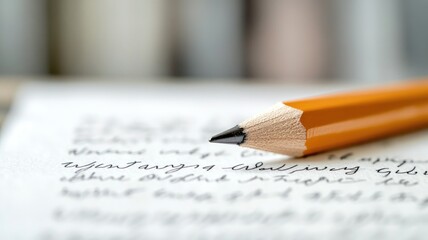 Close-up of pencil placed on handwritten paper Blurred background