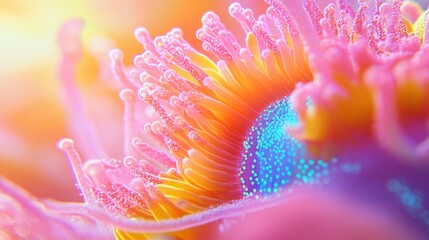 Colorful close-up of a pink sea anemone showcasing vibrant yellow and blue tentacles with a spiral pattern