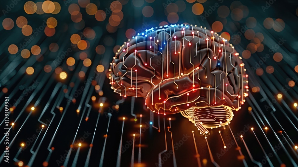 Aufkleber A conceptual image of artificial intelligence, with a human brain morphing into digital circuits and neural networks, representing innovation and science.