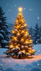 A majestic golden Christmas tree in a frosty snowy landscape, winter wonderland, golden tree, peaceful