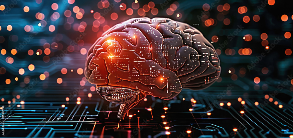 Poster A conceptual image of artificial intelligence, with a human brain morphing into digital circuits and neural networks, representing innovation and science.