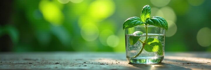 Glass container with basil plant submerged in water, abstract, blur