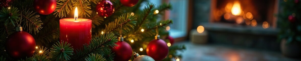 Obraz premium A festive holiday tree decorated with candles and ornaments, Christmas lights, greenery