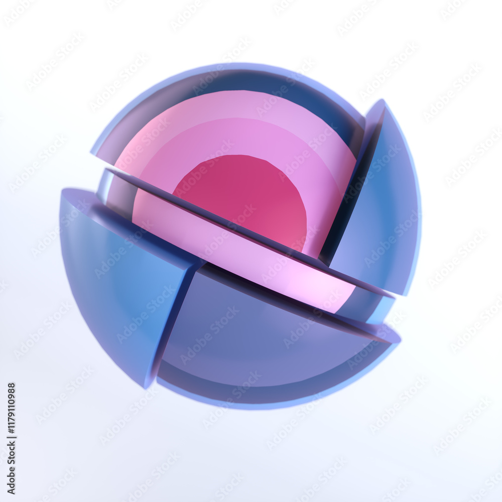 Leinwandbilder Abstract three-dimensional illustration of a sphere composed of multicolored segments that resemble cut pieces. The blue background emphasizes the lightness and dynamism of the shape. 3d rendering