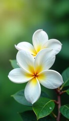 Obraz premium Delicate plumeria blossoms in soft focus, white petals, plumeria, garden decor, elegant blooms