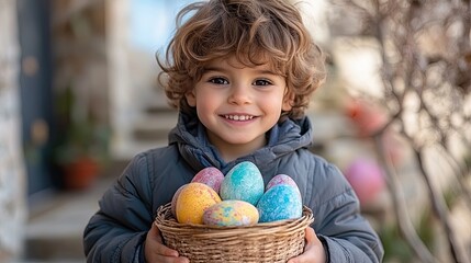 Fototapeta premium Young child enjoys Easter egg hunt with colorful eggs in a basket outdoors during springtime